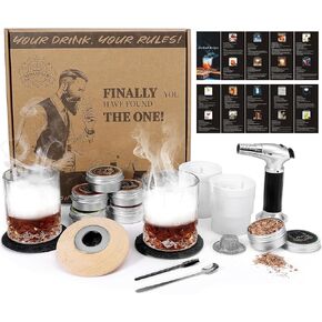 Whiskey Smoker Kit with Torch, 6 Flavors Wood Chips, 2 Whiskey Glasses, Bourbon Old Fashioned Drink Cocktail Smoker Kit, Valentines Birthday Gifts for Men, Dad, Husband, Boyfriend(No Butane)