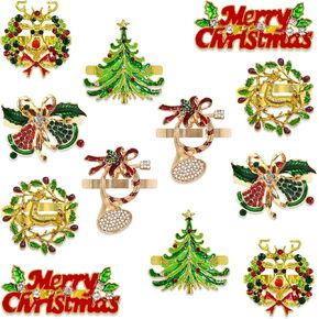 Christmas Napkin Rings, Set of 12 Xmas Napkin Ring Holders Metal Rings with Merry Christmas Reindeer Wreath Trumpet Bell Christmas Tree for Christmas Holiday Dinner Party Home Table Dinning Decoration