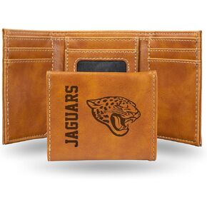 NFL Jacksonville Jaguars Men's Trifold Brown Wallet- Premium Laser-Engraved NFL Team Logo on Vegan/Faux Leather- Minimalist Design Includes ID Window and Credit Card Holder- Ideal Men's Gift