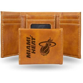 Rico Industries NBA Miami Heat Men's Trifold Brown Brown - Premium 9 Pocket Laser-Engraved Team Logo on Vegan Leather - Minimalist Design, ID Window, Credit Card Holder - Ideal Men's Gift