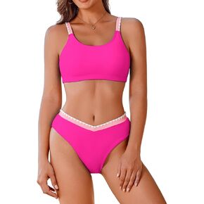 AI'MAGE Women's High Cut Bikini Set 2 Piece Sporty Swimsuit Color Block Bathing Suit with Trim
