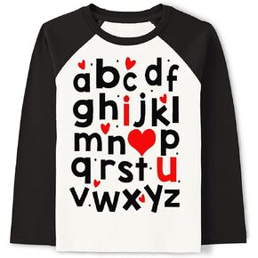 Boys Girls Valentines Day Shirt Kids Valentine's ABC I Love You T-Shirt Crewneck Raglan Long Sleeve Cotton Tee 1-7T