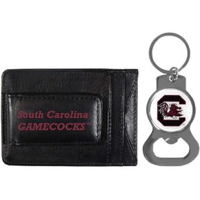Siskiyou School Logo Leather Card/Cash Holder and Bottle Opener Keychain Bundle, Game Day Fan Accessories (South Carolina Gamecocks - Black)