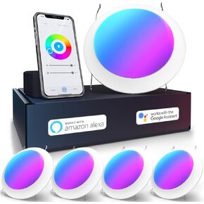 Sunco 5/6 Inch Smart Disk LED Flush Mount Ceiling Recessed Can Light for Living Room, Bedroom, App Controlled Compatible with Alexa and Google, Dimmable, 15W, RGB+5000K Daylight, 1200 LM ETL 4 Pack