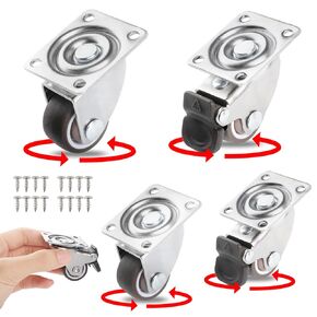 1 inch Caster Wheels Set of 4,No Noise Mini Swivel Rubber Casters with 360 Degree Top Plate,Little Rubber Low Profile Caster Wheels for Furniture(2 with Brakes & 2 Without)
