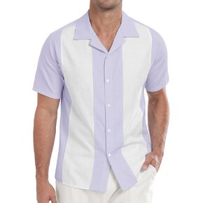 Askdeer Men's Linen Shirts Short Sleeve Casual Shirt Button Down Vintage Bowling Shirt Summer Cuba Beach Shirt