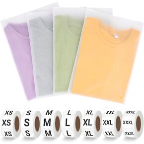 Frosted Zipper Bags for Clothes with Clothing Size Stickers, 100PCS 10x13 inch T Shirt Bags for Small Business, Clothing Bags for Shirts, Pants, File, 3500PCS Shirt Size Stickers 7 Sizes