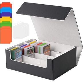 مربع تخزين بطاقة التداول - 2400+ حالة سطح البطاقة لـ Magic The Gathering Pokemon Yugioh Sports Cards ، Deck Leather MTG Commander مع 12 PVC Dividers 4 مؤيدين للبطاقات ، الأسود والرمادي