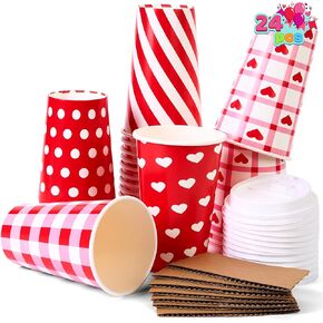 JOYIN 24pcs Valentine's Day Disposable Cups with Cup Sleeve and Lid for Kids Party Favors, Classroom Exchange Prizes, Valentine’s Goodie Bags