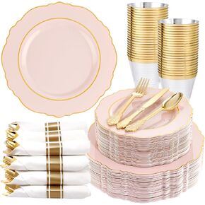 Liacere 350PCS Pink Plates Disposable - Pink and Gold Plates 50guest Baroque Plastic Dinnerware include 100Plates, 50Pack Pre Rolled Napkins with Silverware 50Cups Perfect for Wedding＆Valentine