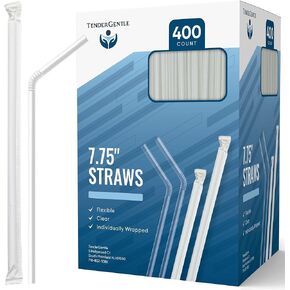 Clear Plastic Straws, Disposable - 400 Bendy Drinking Straws - 7.75" and Individually Wrapped - for Smoothies, Coffee, Alcohol, Juice, and More