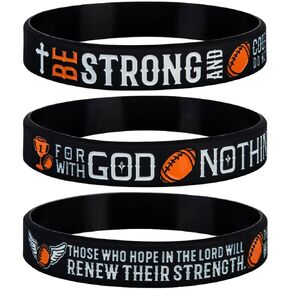 Sainstone Power of Faith Football Bible Verse Silicone Wristbands with Inspirational Scriptures JOSHUA 1:9 LUKE 1:37 ISAIAH 40:31, Motivational Engraved Bracelets Athletes Sports Party Gifts