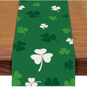 St. Patrick's Day Shamrock Table Runner 72 x 13 Inch, Green and White Clover Pattern Table Cover for Irish Holiday Celebration, Perfect for Home, Party, Kitchen Dining Mantel Decorations