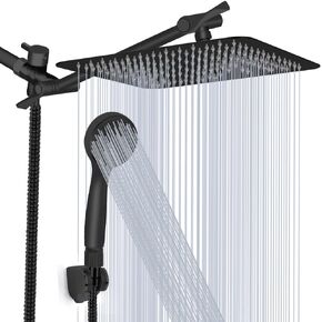 Shower Head, Kaqinu 8'' High Pressure Rainfall Shower Head/Handheld Showerhead Combo with 11" Extension Arm, Anti-leak Shower Head with Holder/Hose, Flow Regulator - Matt Black