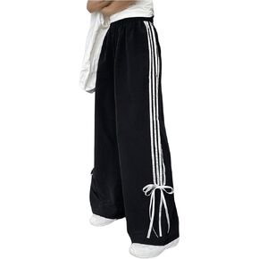 Women's Y2k Striped Wide Leg Pants High Waist Drawstring Elastic Bow Side Tie Side Loose Fit Trousers