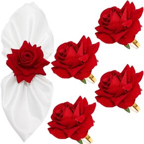 Valentine's Day Red Rose Napkin Rings Artificial Rose Napkin Holders Faux Red Rose Napkin Buckle Romantic Flower Table Decor for Valentine's Day Birthday Wedding Party Supplies 4 Pcs