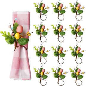 Handmade Easter Eggs Napkin Rings Set of 12，Colored Eggs Flower Wood Napkin Holders Ideal for Kids Birthday Party, Baby Shower, Easter Day Party Dinner Table