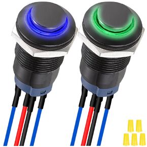 2Pcs 12mm Latching Blue/Green LED Push Button Switch Black Metal Shell IP65 Waterproof 12V 24V 3A DC SPST 2Position Self-Locking ON Off Switch with Pre-Wired Wires & Wiring Cap for Car Boat