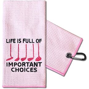 TOUNER Life is Full of Choices Embroidered Golf Towels for Golf Bags with Clip, Funny Pink Golf Towel Gifts for Aunt Women Neighbor Wife, Golf Accessories for Golf Lover, Retirement Thank You Gifts