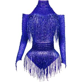 Sexy Sparkly Diamante Long Sleeves Fringe Bodysuit Women Team Performance Club Pole Dance Drag Queen Costumes Outfits
