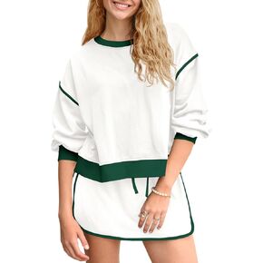 Fisoew Womens Sweatsuits 2 Piece Set Crewneck Sweatshirts High Waisted Skort Skirts Tennis Running Tracksuits Shorts Sets