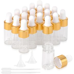 3ml Eye Dropper Bottles, 18Pcs Clear Mini Glass Dropper Bottles Essential Oil Bottles Empty Perfume Sample Vials Refillable Liquid Cosmetic Containers with 2 Funnels and 2 Plastic Droppers, Gold Cap