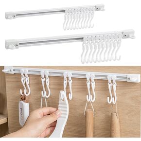 Utility Slide Rail Hook,Under Cabinet Kitchen No Punching Hooks for Hanging Utensil,Bathroom Bedroom Office Wall Door Rack with 10 Hooks,15.7 and 11.8 Inches,2Pieces