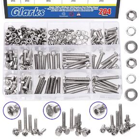 Glarks 204Pcs M8 Metric 304 Stainless Steel Phillips Round Head Machine Screws, Hex Socket Head Cap Screws and Hex Head Screw Bolts with Hex Nuts Flat Washers Lock Washers Assortment Kit