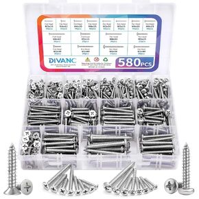 580Pcs 304 Stainless Steel Wood Screws Assortment Kit, M3/M4/M5/M6 Phillips Pan Head & Flat Head Sheet Metal Screws Self Tapping Screws Set,16 Sizes Assorted Screws (Silver 580PCS)