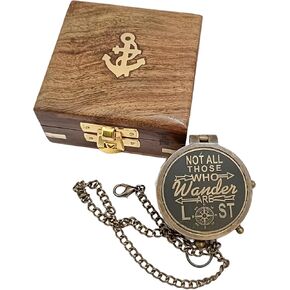 Brass Compass Unique Print 'Not All Those Who Wander are Lost' Engraved Compass with Wooden Box Ideal for Gifting by ARTISTERIO