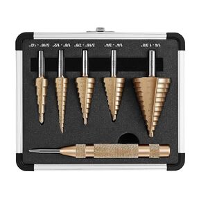 5PCS Step Drill Bits with Automatic Center Punch,High Speed Steel Unibit Step Drill Bit Set, Total 50 Sizes HSS Titanium Step Bits for Metal