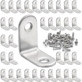 50 Packs L Bracket Stainless Steel Corner Brace 1.18x1.18 Inch Joint Right Angle Bracket 90 Degree Corner Fastener for Wood Furniture Bedframe Cabinet Drawer Chair, with Screws.