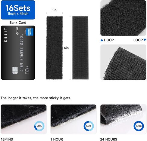 Sonpbond 1x4 inch Self Adhesive Hook and Loop Tape, 16 Sets Heavy Duty Sticky Back Fastener Strips for Home and Office, No Need for Holes or Screws (Black, 1 inch x 4 inch -16 Sets) in Saudi Arabia