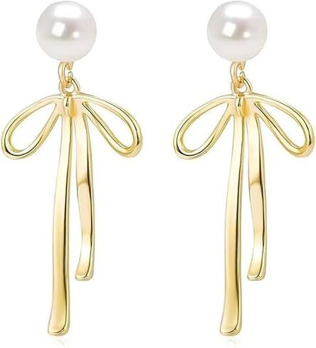 Pearl Bow Earrings For Women, 14k Gold/Silver Plated Bow Drop Dangle Cute Pearl Stud Statement Earring 2024 Trendy Jewelry Gift in Saudi Arabia