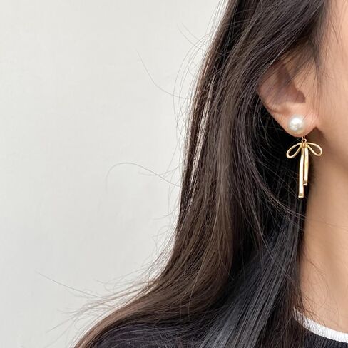 Pearl Bow Earrings For Women, 14k Gold/Silver Plated Bow Drop Dangle Cute Pearl Stud Statement Earring 2024 Trendy Jewelry Gift in Saudi Arabia