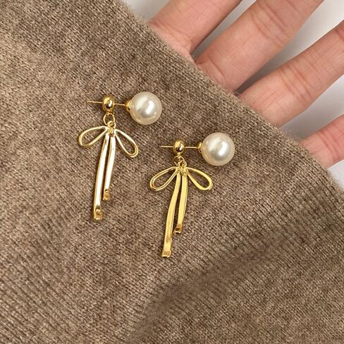 Pearl Bow Earrings For Women, 14k Gold/Silver Plated Bow Drop Dangle Cute Pearl Stud Statement Earring 2024 Trendy Jewelry Gift in Saudi Arabia