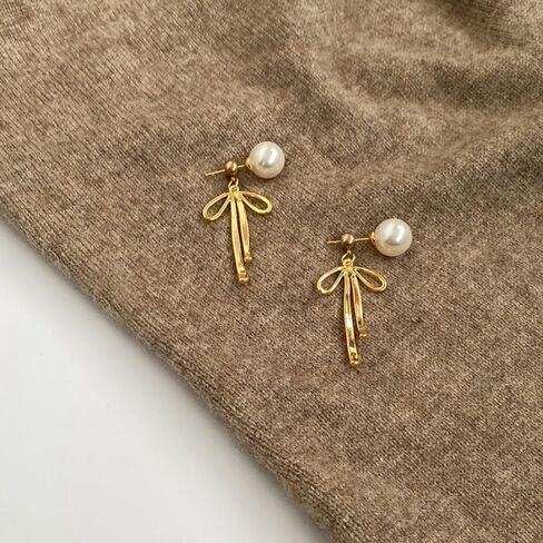 Pearl Bow Earrings For Women, 14k Gold/Silver Plated Bow Drop Dangle Cute Pearl Stud Statement Earring 2024 Trendy Jewelry Gift in Saudi Arabia