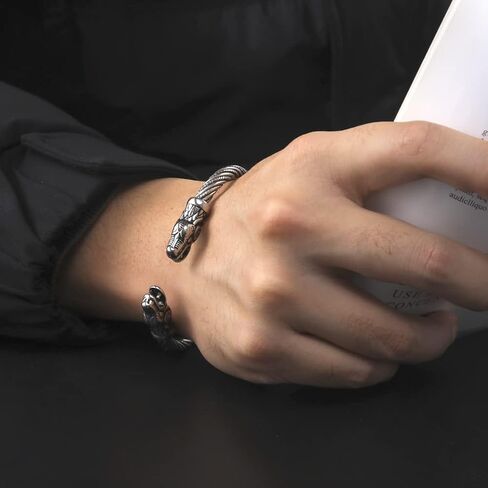 Viking Bracelet for Men Double Dragon Snake Norse Viking Arm Rings Adjustable Open Bangle Twisted Cable Cuff Bangle Pagan Wicca Jewelry in Kuwait