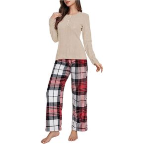MakeMeChic Women's Pajama Set Rib Knitted Long Sleeve Button Down Shirt and Plaid Pants PJ Sets Loungewear
