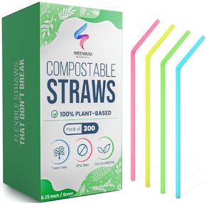 Compostable Straws 300 Pack | 100% Plant-Based Plastic-free Disposable Biodegradable Straws | Flexible Colorful Drinking Straws | Straws Disposable for Parties | Better than Plastic Straws