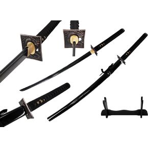 Japanese Black Blade Sacred Handmade Sharp Katana Samurai Sword with Wood Sword Stand and Scabbard