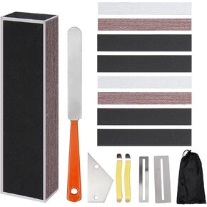 16 Pieces Stainless Steel Guitar Luthier Tool Set, 7.2" Dual Side Fret Crowning File, 4-in-1 Guitar Fret Rocker, 6" Fret Leveling Beam, Fingerboard Guards, Sanding Papers and Storage Bag