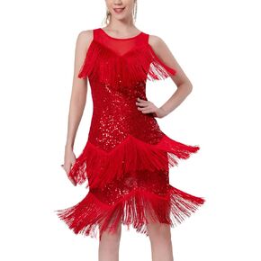 AFAVOM Women Latin Dance Dress Fringe Salsa Tango Dress 1920s Ballroom Sequins Flapper Dress Cha Cha Cocktail Tassel Dress