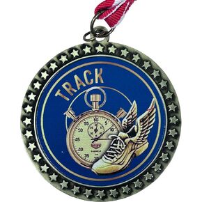 2-1/2 Inch Die-Cast Metal Track Award Medal with Antique Gold Finish and Red White and Blue Neck Ribbon Trophy Medals Awards (Pack of 1)