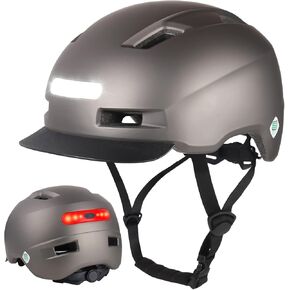Shinmax Bike Helmet for Adult Men Women, Bicycle Helmet with USB Rechargeable LED Front and Back Light, Adjustable Cycling Helmet with Detachable Visor for Urban Commuter (Gray, Large)