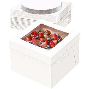Rarapop 3 Pack White Tall Cake Box with Cake Boards 10x10x9 Inches, White Bakery Boxes with Window Disposable Cake Containers for Cake, Donuts, Pies, Cookies, Wedding, Birthday, Party