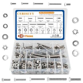 249 PCS Hex Head Nuts and Bolts,1/4''-20, 5/16''-18,3/8''-16,10 Sizes,Stainless Steel Hex Head Nuts and Bolts with Flat & Spring Lock Washer Assortment Kit