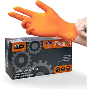 PACIFIC PPE Nitrile Disposable Gloves, Extra Strength, 8 mils, Industrial Mechanic Gloves, Heavy Duty Orange Gloves, Diamond Textured, XX-Large, 100 Count