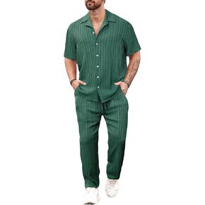 WDIRARA Men's 2 Piece Outfits Striped Button Front Short Sleeve Shirt and Pants Set