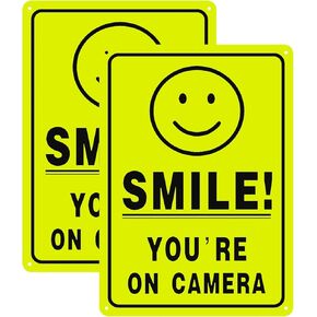 2 - Packs Smile you're on camera sign, No Trespassing Warning Sign Security Camera Sign for Home, Business, Driveway Alert, CCTV (Yellow 10"x7")